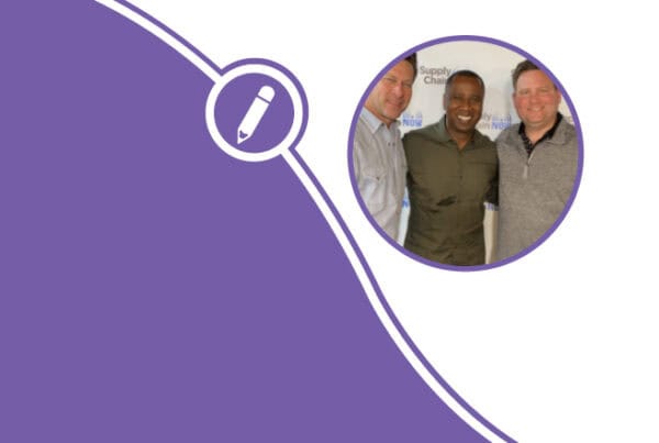 three men are posing for a picture in front of a background that says supply chain