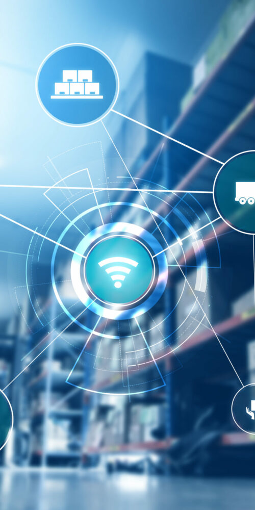 Supply chain & demand planning concept - Smart warehouse management system with innovative internet of things technology to identify package picking and delivery . Future concept of supply chain and logistic network business