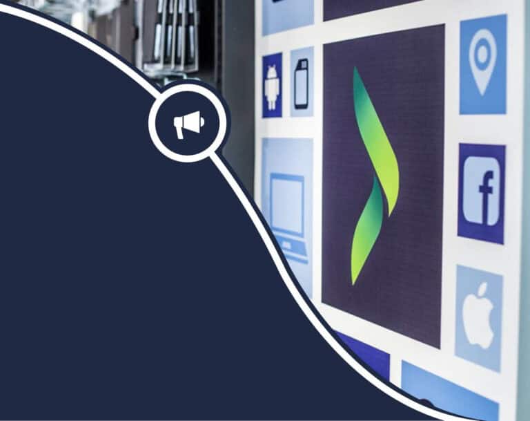 en blå bakgrund med en vit cirkel med en megafon på