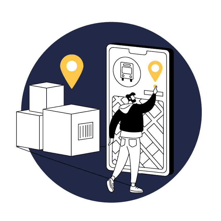 Illustrated Man Shipping Boxes Using Mobile Device