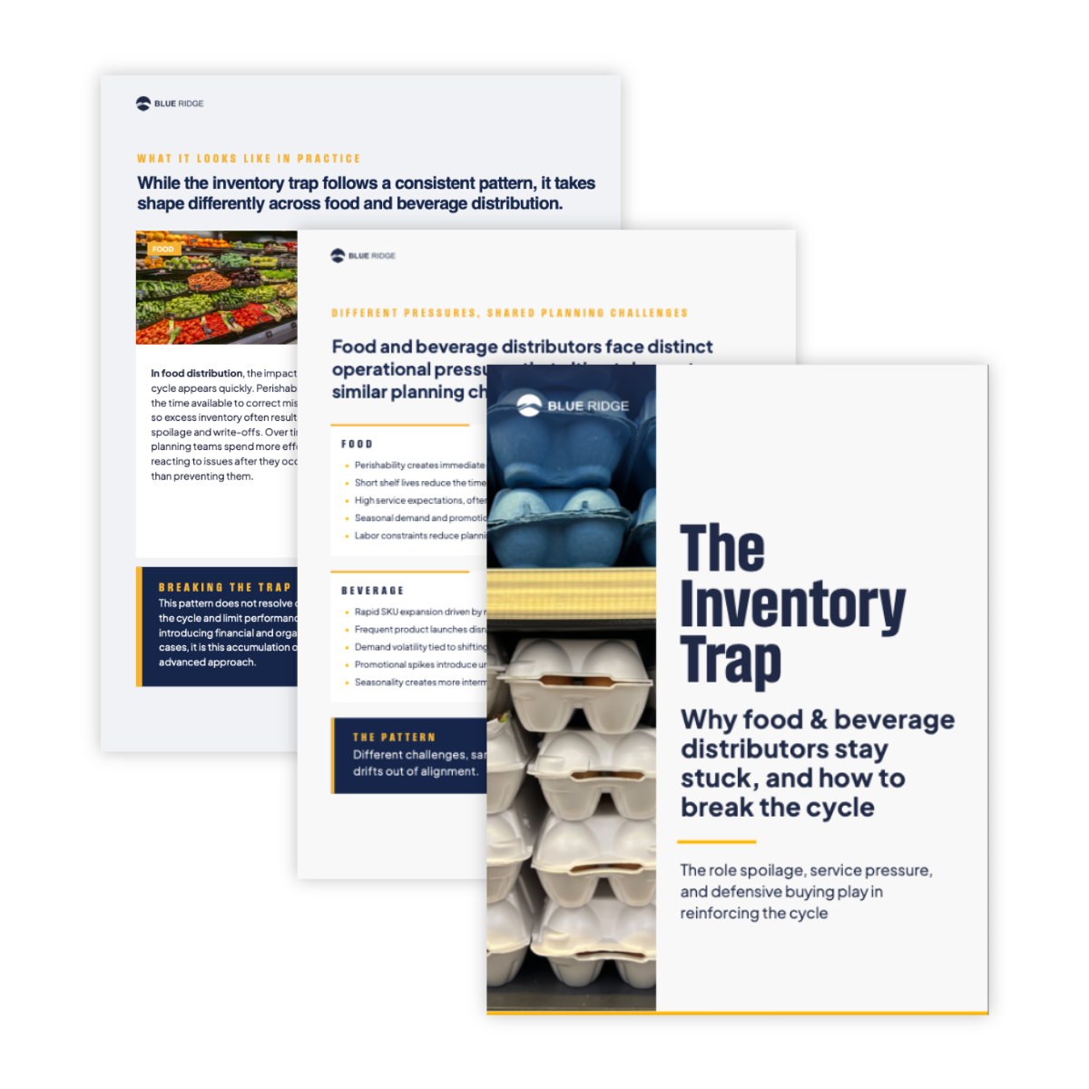 Cover of 'The Inventory Trap: Why food & beverage distributors stay stuck' featuring stacked egg cartons and the Blue Ridge logo.