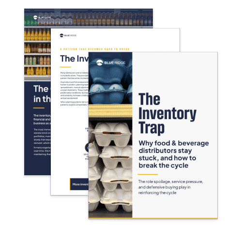 Three overlapping report covers for 'The Inventory Trap' with product imagery and Blue Ridge branding.