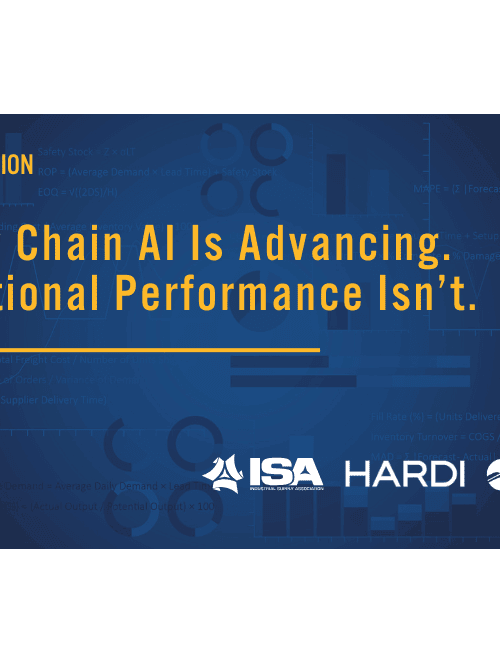Live discussion banner: 'Supply Chain AI Is Advancing; Operational Performance Isn’t.' with ISA, HARDI, and Blue Ridge logos at the bottom.