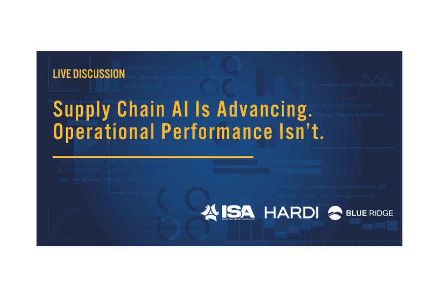 Live discussion banner: 'Supply Chain AI Is Advancing; Operational Performance Isn’t.' with ISA, HARDI, and Blue Ridge logos at the bottom.